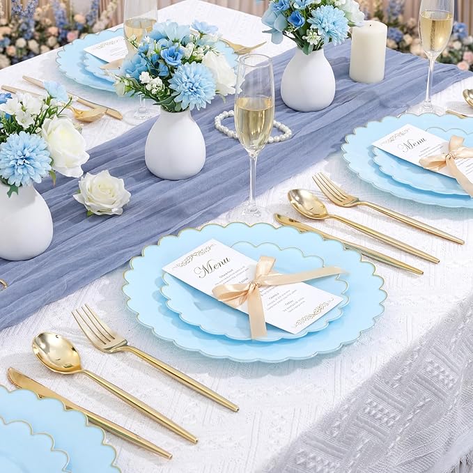 LIYH 120 Pcs Baby Blue Plastic Plates with Gold Edge - Disposable Light Blue Scalloped Baby Shower Plastic Plates Includes 60 Dinner Plate 10.25" & 60 Dessert Plate 7.5" for Birthday Party