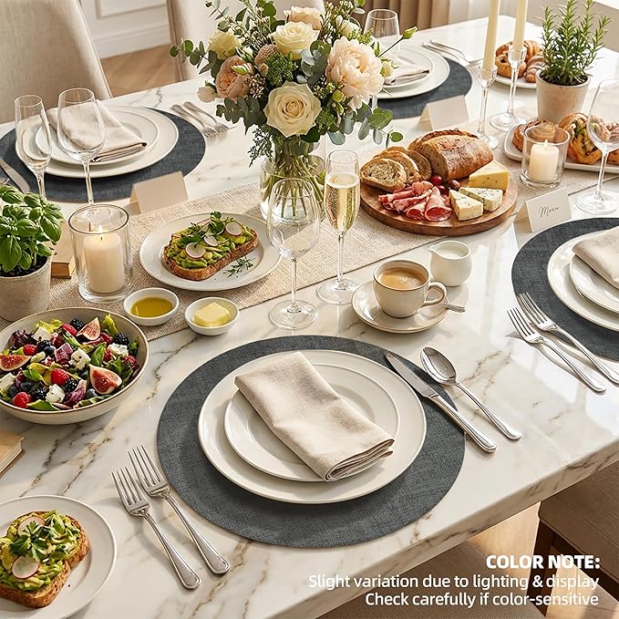 15 inch Faux Leather Round Placemats Set of 4 Non-Slip Washable Wipeable Table Mats, Heat Resistant Waterproof Oilproof Black Place Mats for Kitchen, Dining, Party, Indoor, Outdoor