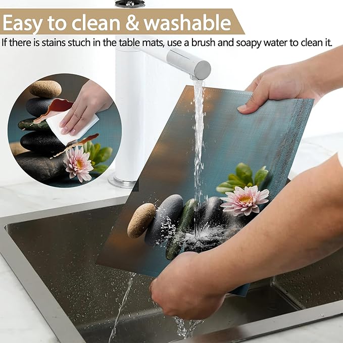 Spa Stones 12x18 Inch Placemats Set of 6 - Waterproof, Non-Slip & Washable Garden Flower Table Mats for Kitchen & Dining Table Placemats