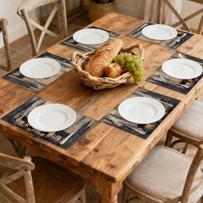 Rustic Deer Forest 12x18 Inch Placemats Set of 6 - Waterproof, Non-Slip & Washable Rustic Wildlife Moose Forest Animal Table Mats for Kitchen & Dining Table Placemats