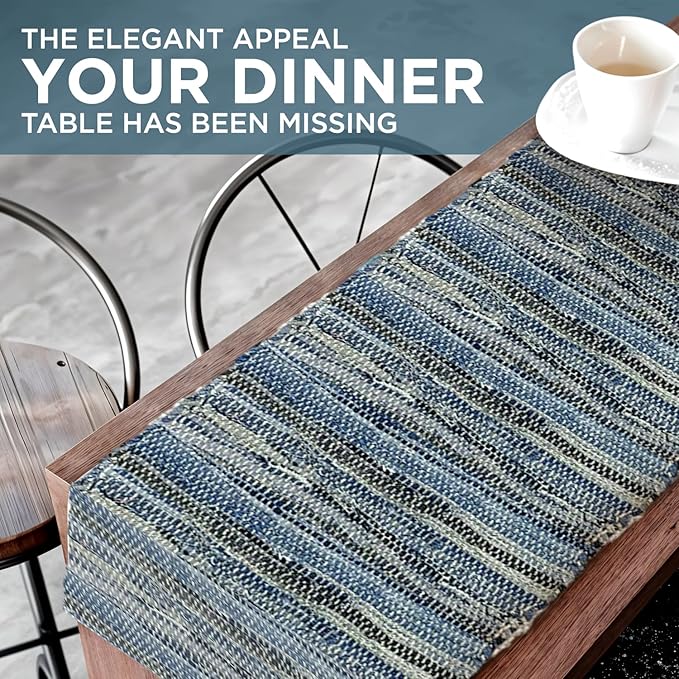 Perilla Home Chindi Table Runner Boho with Tassels 72 Inches Long Denim - Braided Rustic Farmhouse Fall Kitchen Dining Table Decoration for Party Wedding (Blue)