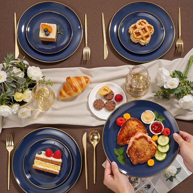 bUCLA 200PCS Blue Plastic Plates - Navy Blue Disposable with Gold Rim Include 100 Each (10 inch Dinner & 7 inch Dessert) Plates, Ideal for Party, Gathering and Hanukkah