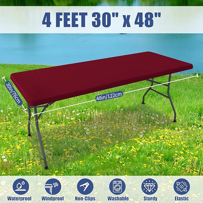 Spandex 4 Foot Rectangle Table Cloth 2 Pack, Elastic Fitted Tablecloths for Picnic, Stretch Washable Patio Table Cover for Outdoor, Camping, Banquet and Parties (Wine Red, 30"x48")