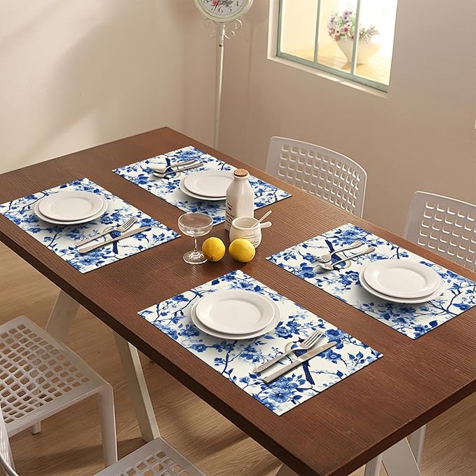 Flower Bird Placemats Set of 4, Blue Birds Place Mats,Blue and White Floral Waterproof Washable Table Mats for Home Party Indoor Kitchen Dining Table Decoration 12x18 Inch