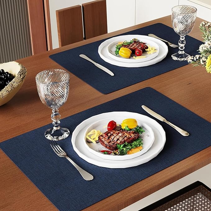 DOLOPL Placemats Set of 6, Reversible Wipeable & Heat Resistant Place Mats, Modern Faux Leather Table Mats for Kitchen, Neutral Washable Tablemats for Dining Table Decor, Wedding, Party(Navy Blue)