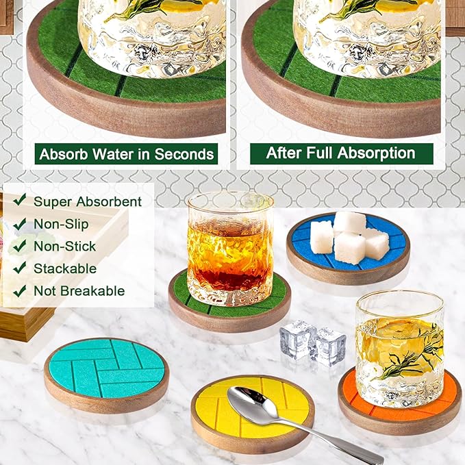 Coasters for Drinks Absorbent 5 Pack, Wood Coasters with Felt Pads, Drink Coasters for Coffee Tabletop Protection, Non-Slip, Non-Stick, Suit for Kinds of Cups 4.3 inch Colorful