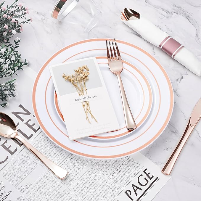 BESTVIP 700PCS Rose Gold Plastic Dinnerware Set, Disposable Party Plates for 100 Guests, Include: 200 Plastic Plates, 100 Pre Rolled Napkins with Rose Gold Silverware, 100 Cups for Christmas