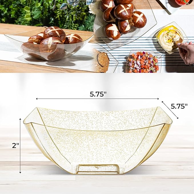 Posh Setting - Gold Glitter Plastic Serving Bowls for Party (16oz - 4 Pack) Square, Disposable, Candy Containers for Candy Buffet