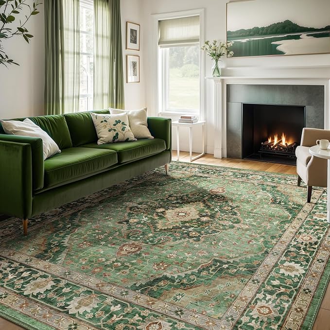 Deerly Green Rug 8x10 Area Rug for Living Room Bedroom Washable Rugs Large Boho 8x10 Rug for Dining Room Carpet Non-Slip Distressed Carpet Rugs Print Floor(Border Green)