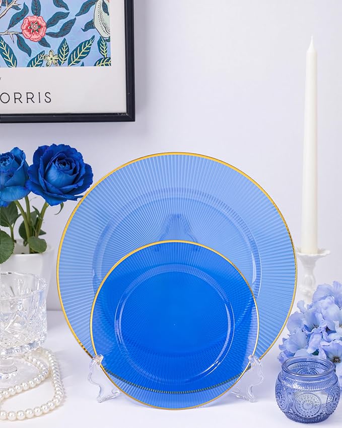 Hioasis 60pcs Blue Gold Plastic Plates - Gold Disposable Dinnerware Set, 30pcs Dinner 10.25in & 30pcs dessert 7.5in plates with striped designs for party & wedding