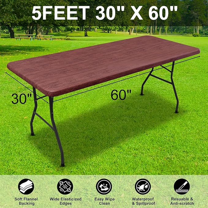 Smiry Rectangle Table Cloth Cover, Waterproof Elastic Fitted Picnic Tablecloth for 5 Foot Tables, Wipeable Flannel Backed Vinyl Tablecloths for Camping, Dining, Outdoor (Reddish Brown, 30" x 60")