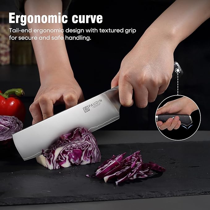 PAUDIN Nakiri Knife 7 Inch, High Carbon Stainless Steel Chef Knife, Ultra Sharp Asian Kitchen Knife for Meat and Vegetable, Chopping Knife with Ergonomic Wooden Handle
