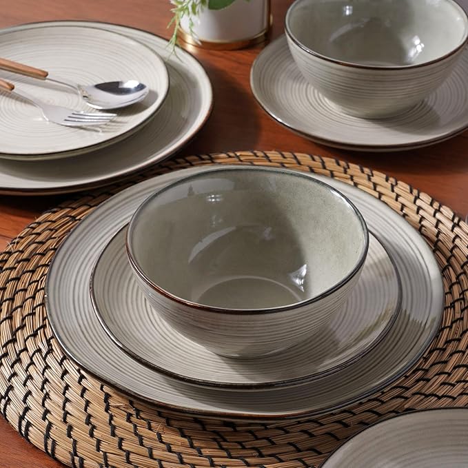 famiware Tempus Plates and Bowls Sets for 6, 18 Pieces Stoneware Dinnerware Sets, Dishes Set, Reactive Glaze Dishware Sets, Dishwasher & Microwave Safe - Castle Wall
