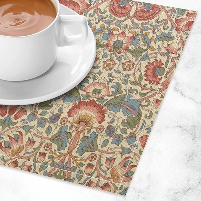 William Morris Placemat Set, Beige Blue Pink Retro Rustic Art Exotic Ethnic Lotus Floral Seamless Pattern Home Decor Linen Table Mats for Dining Room Kitchen Party (17x12in) x6P