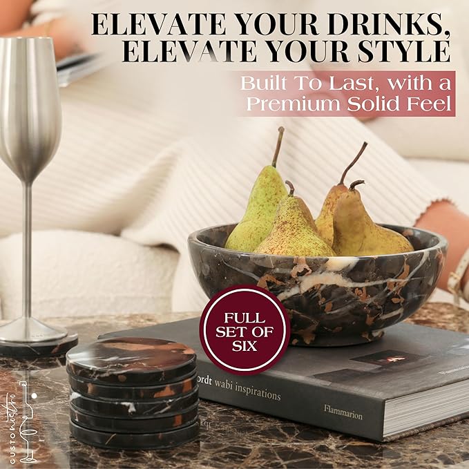 Gusto Nostro Black Marble Coasters Set of 6 with Non-Slip Backing - Luxury Natural Stone Coasters for Drinks - Genuine Marble Kitchen Accessories, Round Stone Coaster for Kitchen Counter, Coffee Table