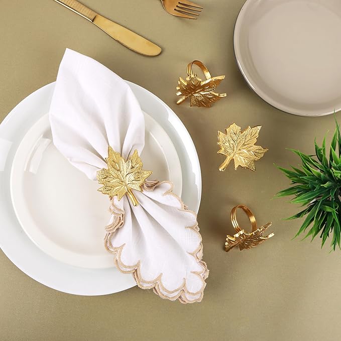 CLEENTABLE Maple Leaf Napkin Rings - Set of 12 Handcrafted Aluminum Napkin Holders for Cloth & Paper Napkins, Elegant Table Décor for Wedding Receptions Thanksgiving Christmas Holiday Parties (Gold)