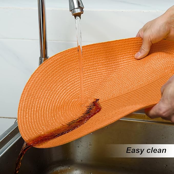 FunWheat Oval Braided Placemats Set of 8 Table Mats for Dining Tables Washable Heat Resistant Place Mats for Indoor Outdoor Use 12 x18 Inch(Oval Orange, 8pcs)