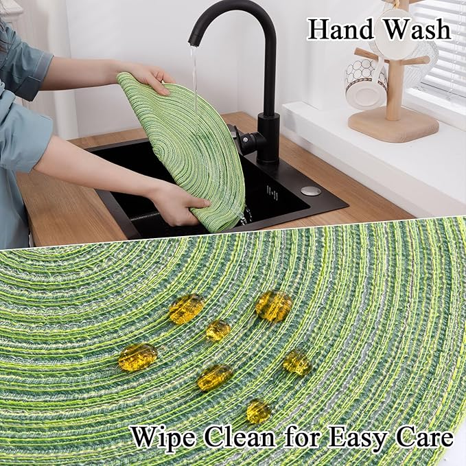 SHACOS Round Placemats Set of 6 for Dining Tables 15 inch Cotton Braided Placemats Washable Reversible for Kitchen Holiday Party (Mixed Color Pea Green, 6)