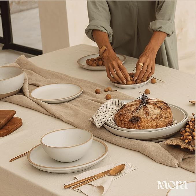 MORA Small Plates Set of 4, 6.5 inch Ceramic Pottery Dessert Plates - Microwave, Oven and Dishwasher Safe - Oat