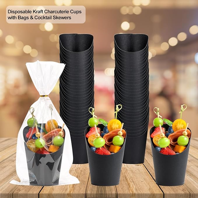 Disposable Charcuterie Cups 60 PCS with 200PCS Sticks and 60PCS Bags, 14 oz Kraft Paper Snack Boxes Appetizers Cup French Fry Holder with Cocktail Skewers Toothpicks Tooth Picks, Black