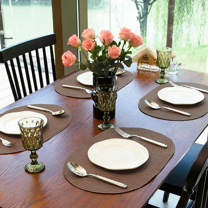 Noctiflorous Oval Braided Placemats Set of 6 Woven 12x18 Inch Non Slip Washable Heat Resistant Place Mats Round Tablemats for Dining Kitchen Party Daily Table Decor Dinner Mats (Solid Brown, 6)