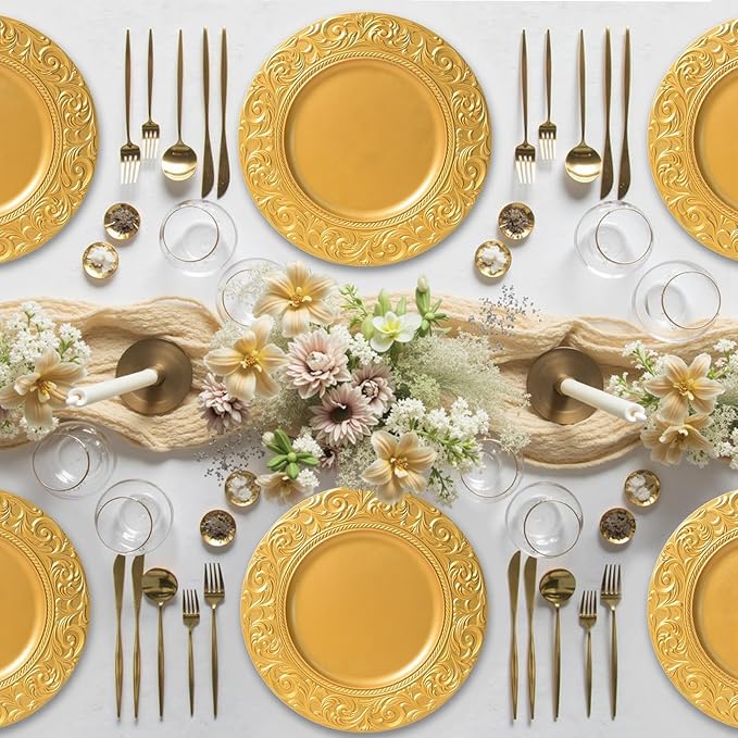 PROY 100 Pcs Antique Gold Charger Plates Bulk, 13in Plastic Embossed Dinner Gold Chargers, Round Phoenix Pattern Elegant Floral Charger Plates for Dinner Wedding Party Event Table Setting Decoration
