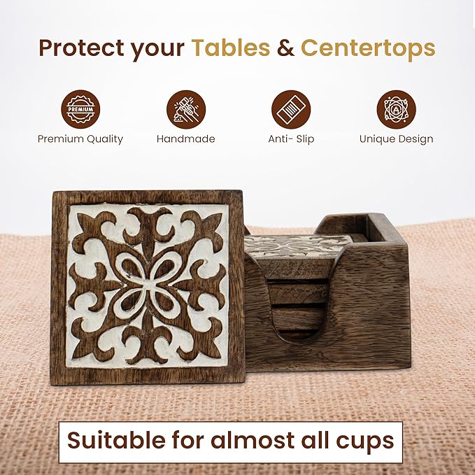 DEVLA Decorative 4 inch Wooden Coaster Set, Hand Carved with White Antique Design, 5 Coasters with Holder, Brown and White Antique