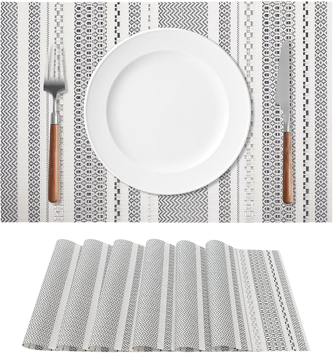 FAVE Boho Vinyl Placemats Set of 6, Durable Woven Place Mats Washable Heat Resistant PVC Table Mats for Parties,Weddings, Dining,Banquet(Gray, 6PCS)