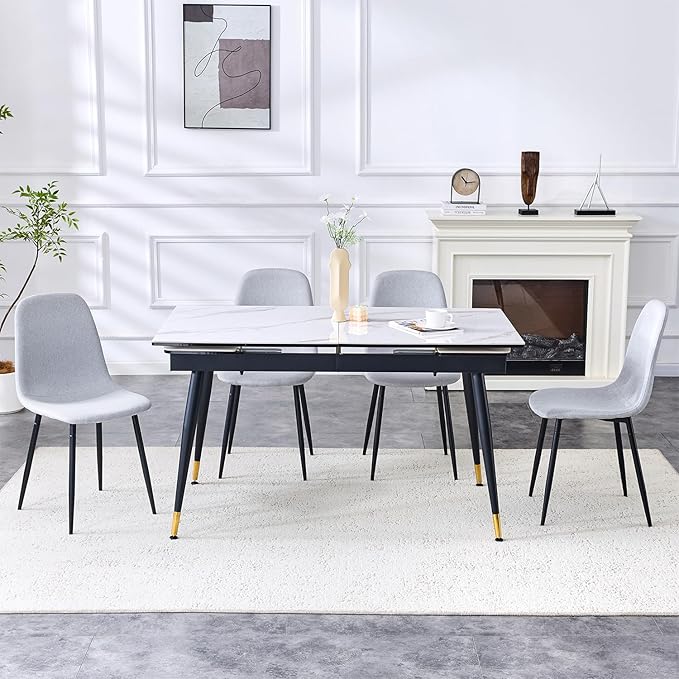 Extendable Dining Table Set for 4, 55'' to 78.8'' Rectangular Thickened Sintered Stone Kitchen Table with 4 Upholstered Chairs, Modern Space Saving 5-Piece Dinner Table Set
