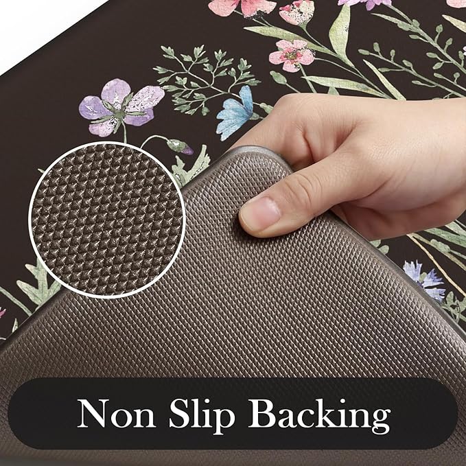 KIMODE Kitchen Mats Cushioned Anti Fatigue, 18"x28" Half Round Floral Kitchen Rug, Non Slip Waterproof Kitchen Floor Mats, Comfort Standing Mats for Laundry Office Sink Desk Black