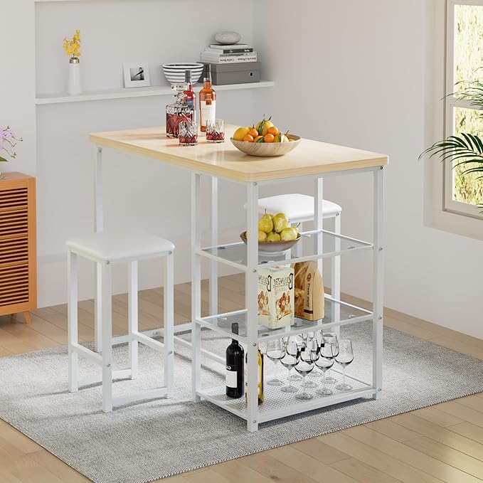 VECELO Small Bar Table and Chairs Set for 2, Upholstered Stools & Glass Storage Shelves, for Kitchen Dining Breakfast Nook, Space-Saving, Natural & White