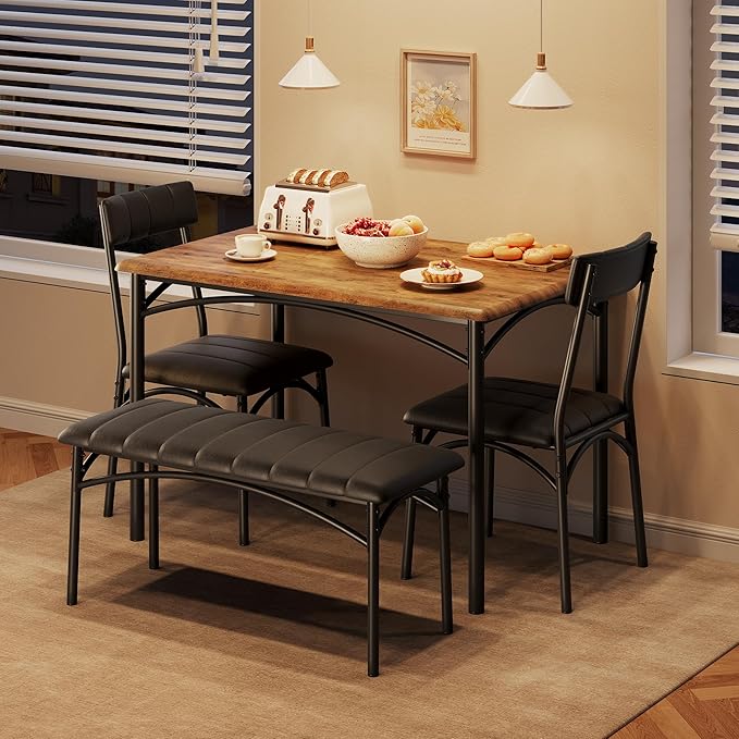 4-Piece Small Dining Table Set – Wood Table with 2 Upholstered Chairs & Bench, Space-Saving Retro Kitchen Dining Set for Small Apartment/Dining Room, Brown