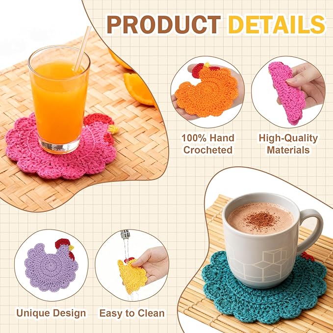 Funny Chicken Coasters Set of 4, Handmade Crochet Farmhouse Style Drink Coasters, Cute Knitted Desk Accessories for Home Decor, Unique Housewarming Gifts (Style C)