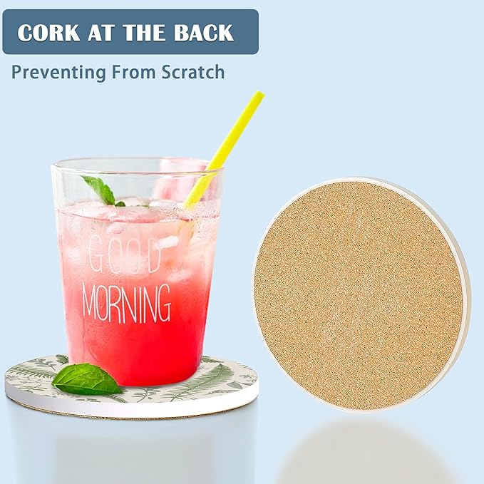 Drink Coasters Set of 4,Botanical Leaves and Plants Vintage Coasters for Drinks Ceramic Coasters with Cork Bottom for Kinds of Mugs and Cups,Home Decor,4''