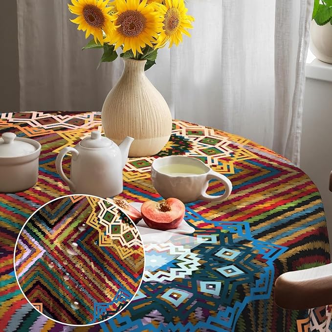 Laeacco 36 Inch Colorful Patchwork Round Tablecloth Woven Flowers Geometric Abstract Art Print Table Cloth Washable Waterproof Wrinkle Free Table Cover for Kitchen Dining Picnic Party Decoration