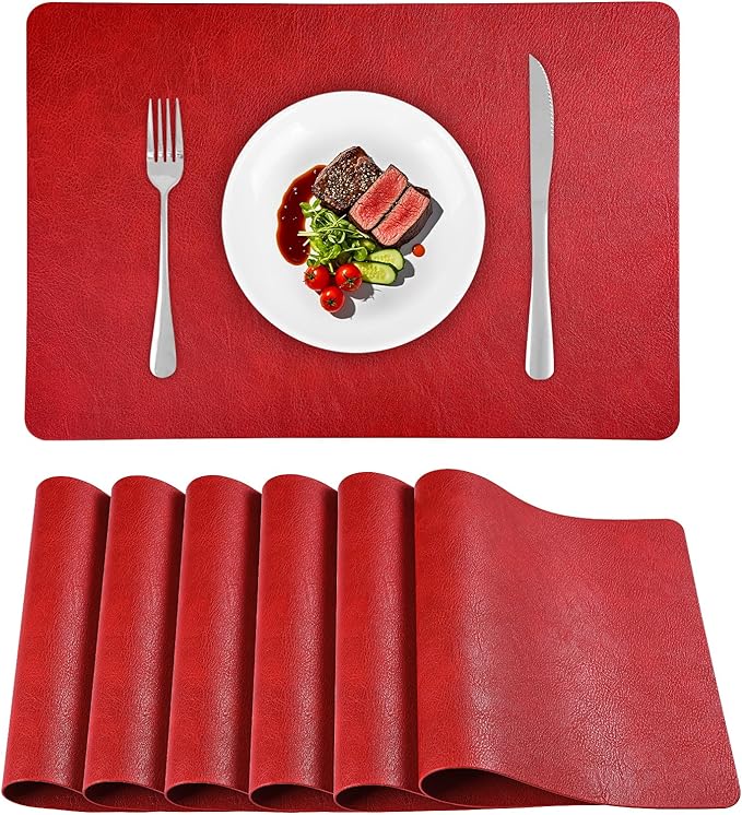 Faux Leather Placemats Set of 6, Washable Place Mats, Wipeable Waterproof Oil-Proof Heat Resistant Table Mats, Non-Slip Vinyl Placemats Rectangular Place Mat for Table Indoor Outdoor (Red)