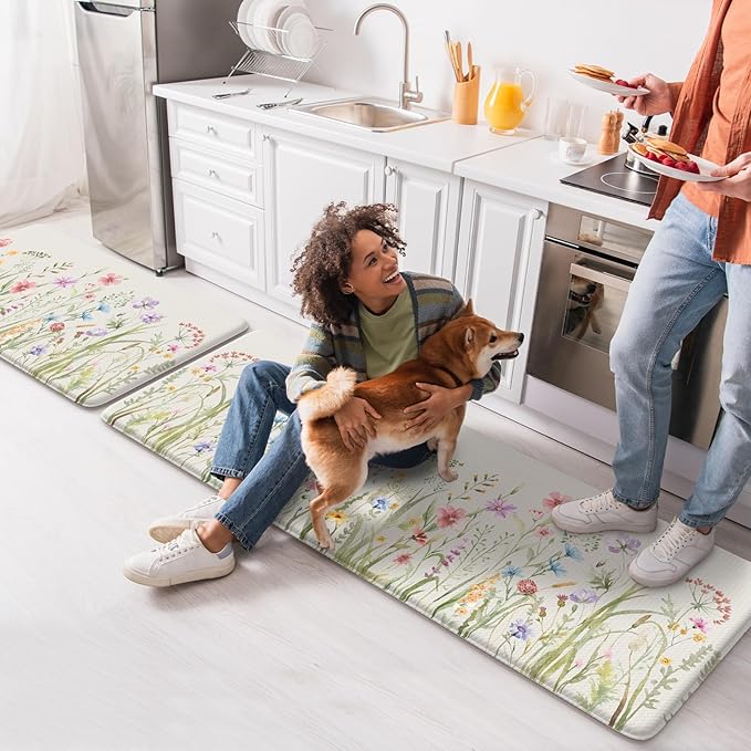 KIMODE Anti Fatigue Kitchen Mat for Floor, Farmhouse Floral Kitchen Rugs Sets of 2, Kitchen Floor Mats Non-Slip, Cushioned Standing Mat for Sink, Laundry, Desk, Home White 17"x47"+17"x29"