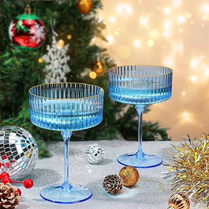 XUWAIDSGN 24 Pcs Champagne Martini Glasses 9 Oz with Gilded Removable Gold Rim Coupe Glasses Pink Martini Glasses Plastic Mimosa Vintage Coupe Glasses Set For Wedding Anniversary (24, Clear Blue)