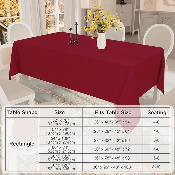 Smiry Rectangle Table Cloth, Waterproof Anti-Scratch Polyester Tablecloth, Decorative Washable Fabric Table Cover for Dining, Buffet, Parties and Outdoor, 52x70, Wine Red
