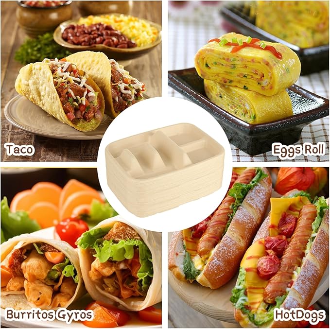50 Pack Taco Plates Disposable With Dipping Sides - Biodegradable Cornstarch Taco Holder - Taco Stand for Taco Tuesday, Mexican Party, Picnics - Size Fit for 4-6 Inch Tortilla