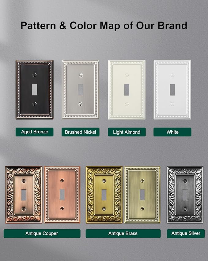 6-Pack Single Toggle Light Switch Cover Plate, Pearls Decorative Switch Plate Covers, Brushed Nickel 1 Gang Metal Wall Plate
