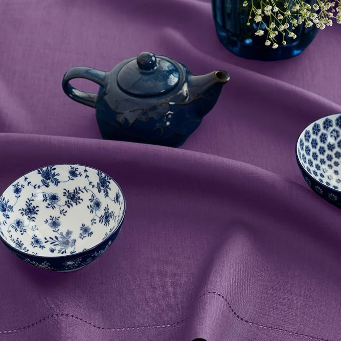 Solino Home Linen Tablecloth for Rectangle Tables 60 x 90 Inch - Classic Hemstitch 100% Pure Linen Purple Table Cloth - Machine Washable Cloth Tablecloth for Valentines, Spring, Easter