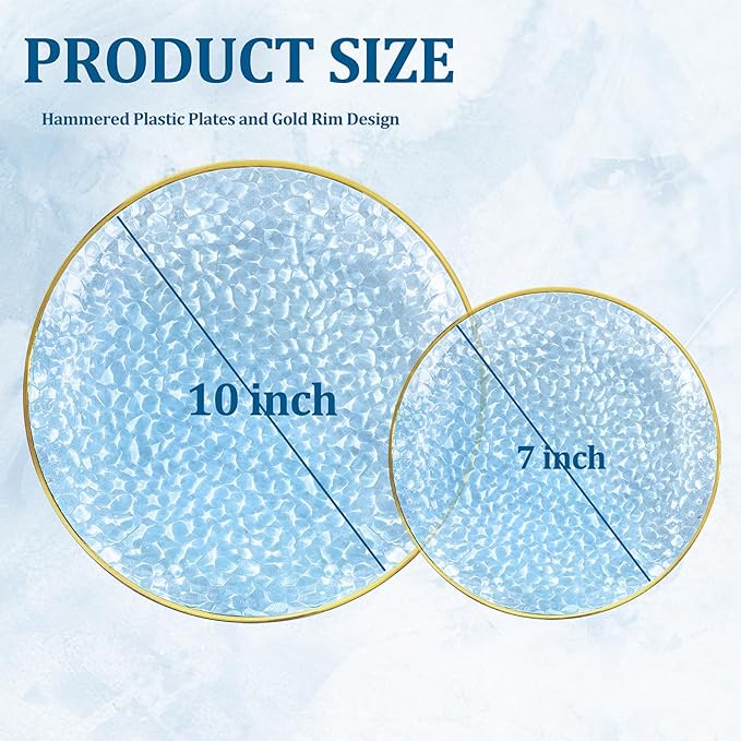 DaYammi 60PCS Blue Gold Plastic Plates - 10 inch Blue Plastic Dinner Plates - Hammer Pattern Design - Fancy Clear and Gold Disposable Plates Ideal for Wedding & Party
