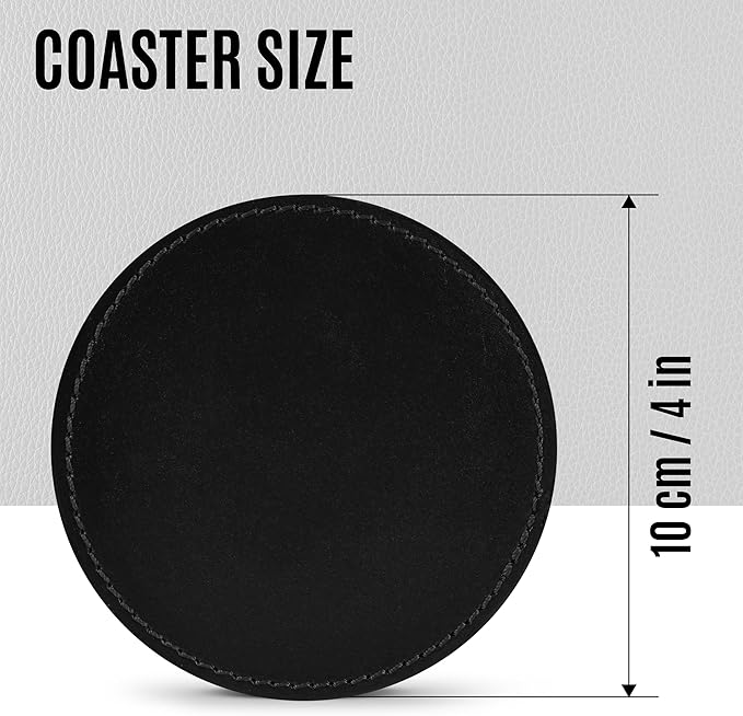 Genuine Leather, Premium Table Coasters by Leatherific, Round, 4 inch, Set of 6, with Holster, Handcrafted, Hand Made, Non Slip Drink Mats, Black (Onyx Black, 4")