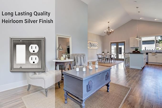 Henne Bery Sunken Pearls Heavy Duty Decorative Wall Plate Switch Plate Outlet Cover (Decorator/Duplex, Heirloom Silver)