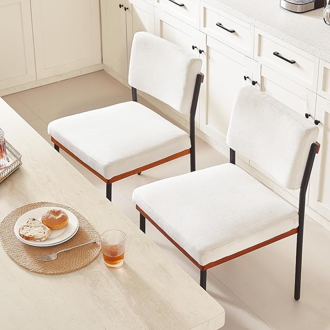 Modern Dining Chairs Set of 2,Kitchen Chairs with Thick Cushions and Adjustable Foot Pads, Upholstered Fabric Dining Room Chairs with Sturdy Metal Legs,White