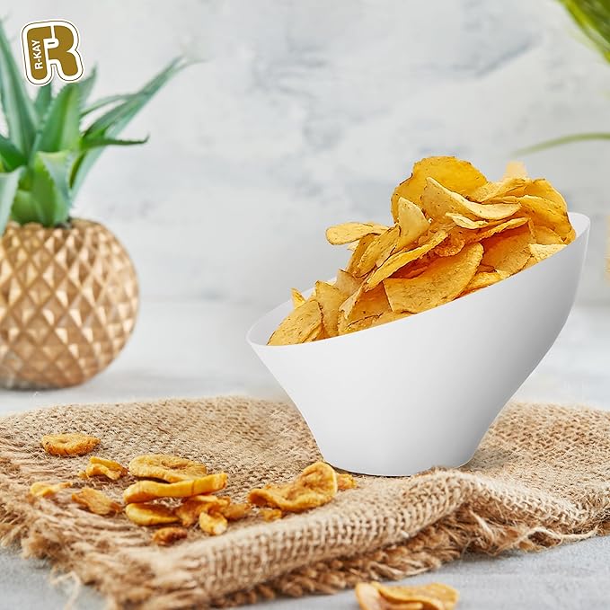 R-kay 6 Pack Angled White Candy Bowls - Plastic bowls 20 Oz - Premium Plastic Serving Bowls Disposable Heavy Duty For Weddings Catering, parties, And All Occasions (White, Medium)