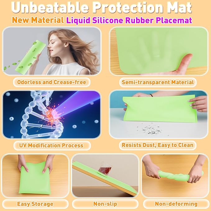 Silicone Placemat Set of 4,Heat Resistant Non-Slip Silicone Mat for Dining Table and Kitchen,Waterproof Wipeable Easy Clean Table Mat 15.8"x11.8" Ultra-Thin Semi-Transparent (Bright Green)