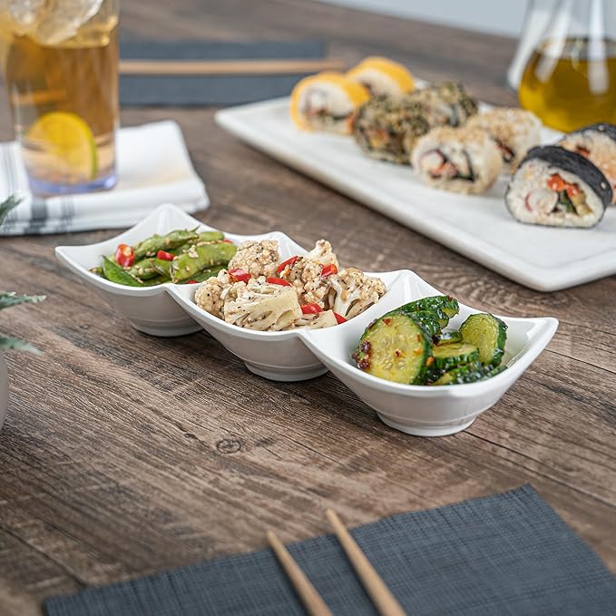 Restaurantware Voga 8.5 Ounce Divided Serving Dishes 10 Square Condiment Serving Dishes - 3 Compartments Serve Appetizers Snacks Dips Or Dressings White Melamine 3 Compartment Dishes