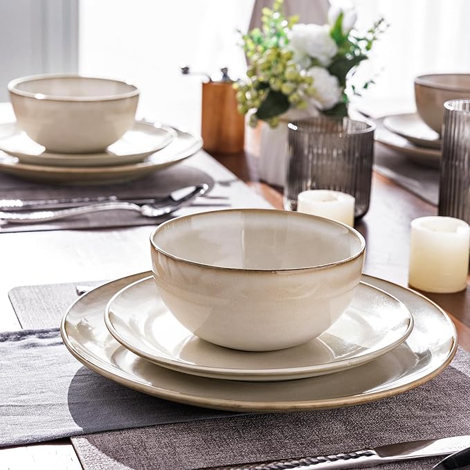 GBHOME Ceramic Dinnerware Sets for 8, 24 Pieces Stoneware Plates and Bowls Sets, Reactive Glaze Dishes -Scratch Resistant, Dishwasher&Microwave Safe-Cappuccino